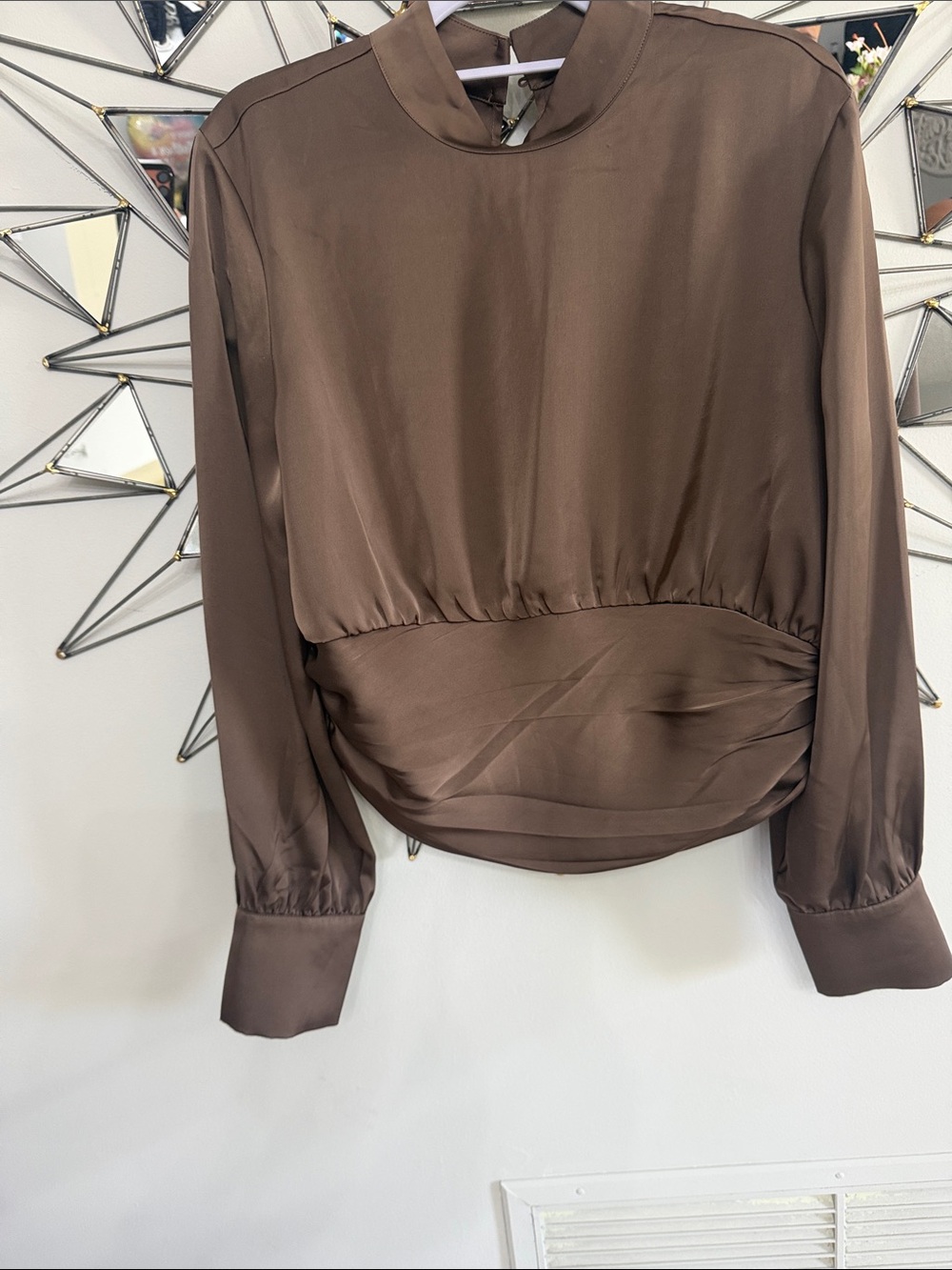 House of Harlow 1960 Brown Satin Blouson Long-Sleeve Top